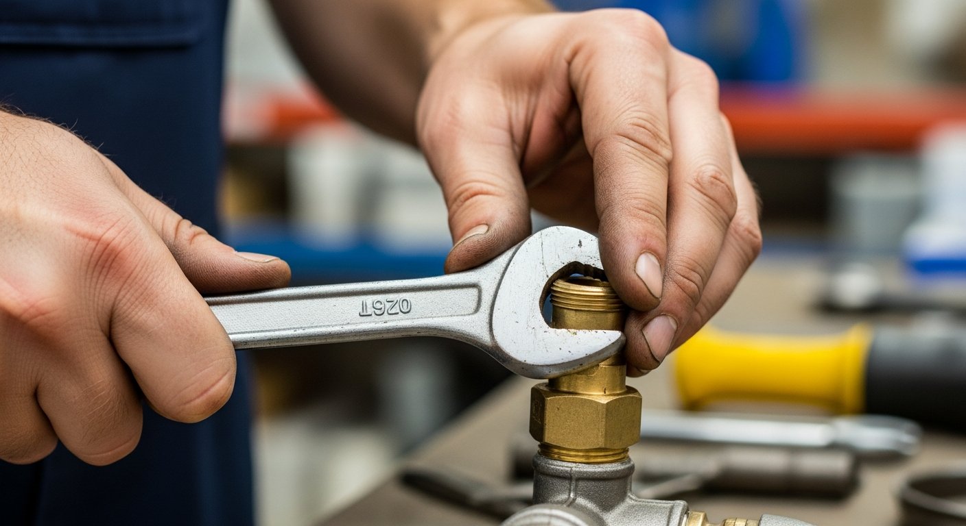 Gas engineer connecting copper pipework in a Rossendale bathroom - professional plumbing services